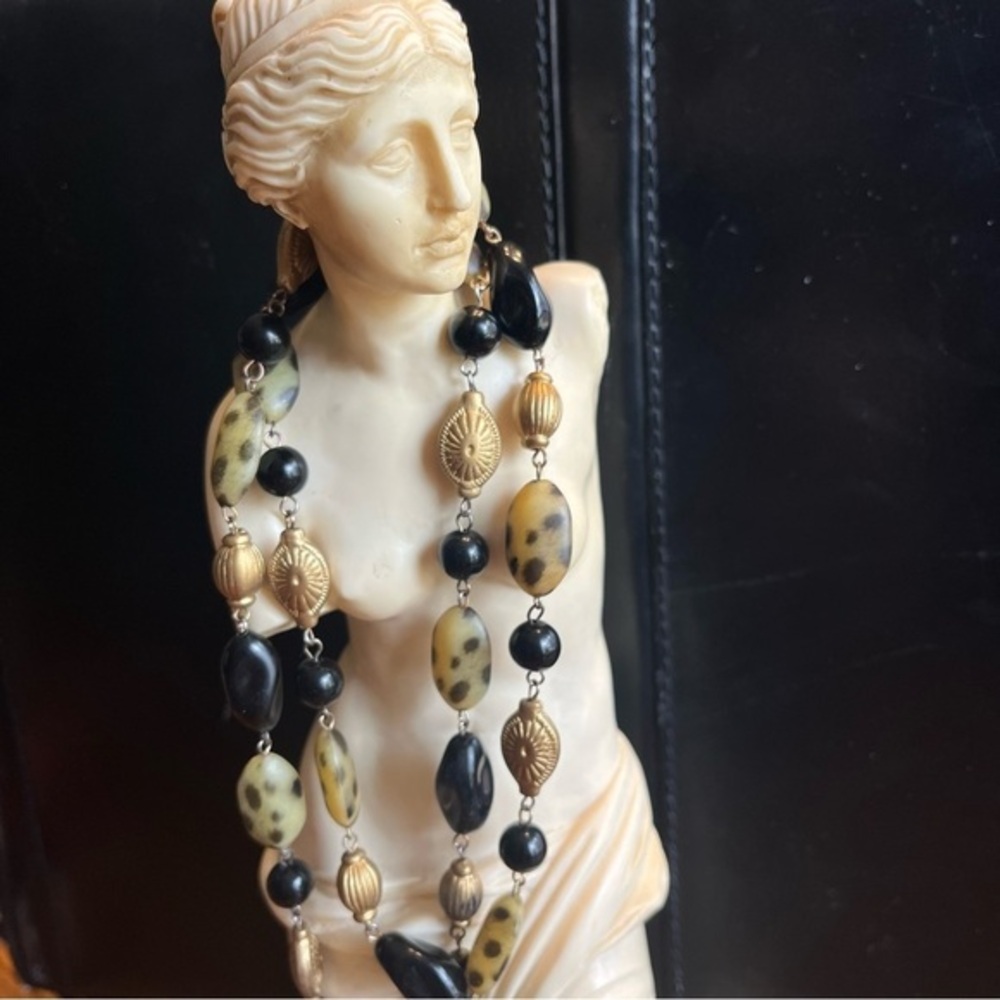 Vintage 70s MOD Mid Century Long Black Gold and Green Lucite Beaded Necklace